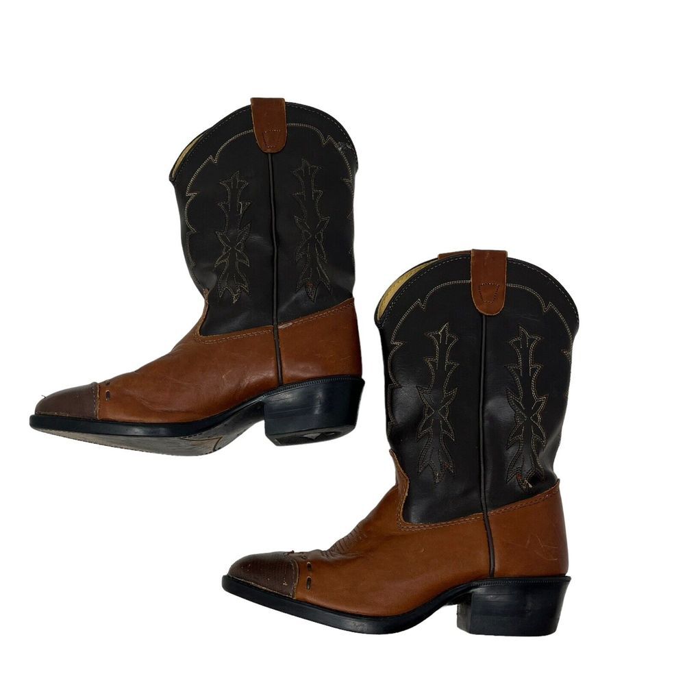 Texas Cowboy Boots Vintage Black & Brown Leather Kids Size 12